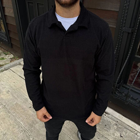 Erkek Fitilli Polar Sweatshirt – Düğmesiz Polo Yaka, Oversize Rahat Kalıp, Kalın Polar Kumaş, Kışlık ve Baharlık Şık Günlük Üst - Siyah