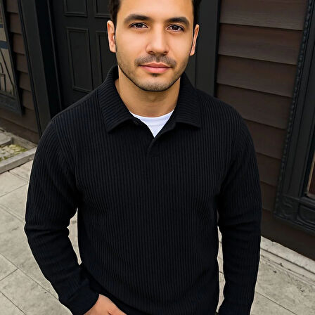 Erkek Fitilli Polar Sweatshirt – Düğmesiz Polo Yaka, Oversize Rahat Kalıp, Kalın Polar Kumaş, Kışlık ve Baharlık Şık Günlük Üst - Siyah