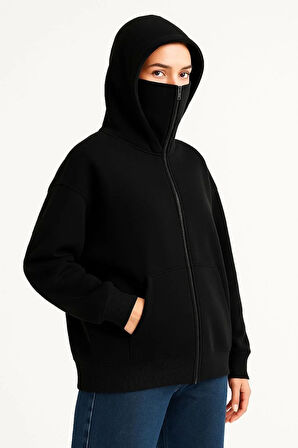 Kadın Samuray Ninja Çift Kapşonlu ZIP Fermuarlı Kanguru Çepli Hoodie Maske detaylı Swetshirt - Siyah