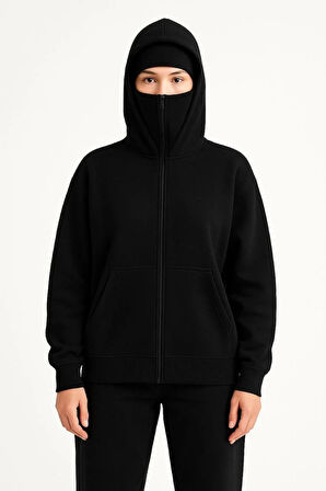 Kadın Samuray Ninja Çift Kapşonlu ZIP Fermuarlı Kanguru Çepli Hoodie Maske detaylı Swetshirt - Siyah