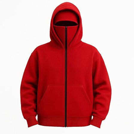 Kadın Samuray Ninja Çift Kapşonlu ZIP Fermuarlı Kanguru Çepli Hoodie Maske detaylı Swetshirt - Kırmızı