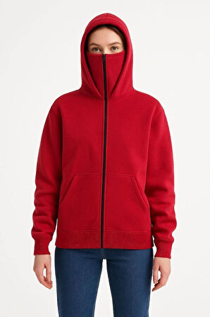 Kadın Samuray Ninja Çift Kapşonlu ZIP Fermuarlı Kanguru Çepli Hoodie Maske detaylı Swetshirt - Kırmızı