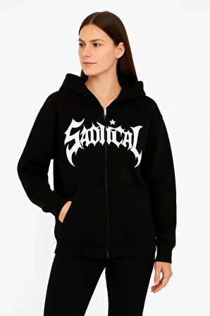 Kadın Oversize Kapüşonlu Sweatshirt  Hoodie 3 İplik Şardonlu Pamuklu Kumaş, Önü Baskılı, Fermuarlı Rahat Kalıp, Kışlık ve Sokak Stili Sweat - Siyah