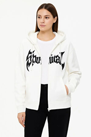 Kadın Oversize Kapüşonlu Sweatshirt Hoodie 3 İplik Şardonlu Pamuklu Kumaş, Önü Baskılı, Fermuarlı Rahat Kalıp, Kışlık ve Sokak Stili Sweat - Beyaz