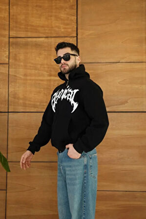 Erkek Kapüşonlu Sweatshirt  Hoodie 3 İplik Şardonlu Pamuklu Kumaş, Önü Baskılı, Fermuarlı Rahat Kalıp, Kışlık ve Sokak Stili Sweat - Siyah