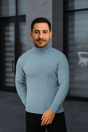 Erkek Fitilli Triko Kazak 2'li Set Bebek Mavisi Siyah Regular Balıkcı Yaka Tam Boğazlı Triko Seti Modeli Kazak