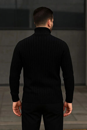 Erkek Fitilli Triko Kazak 2'li Set Bebek Mavisi Siyah Regular Balıkcı Yaka Tam Boğazlı Triko Seti Modeli Kazak