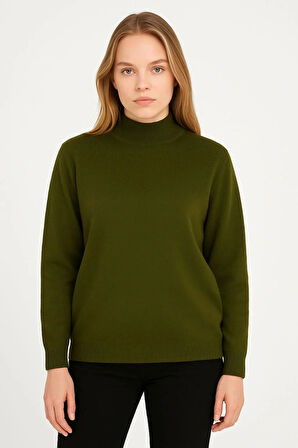 Kadın Yarım Boğaz Triko Kazak yumuşak dokulu Pamuklu ince Dokuma, uzun kollu Rahat Regular kalıp - Haki