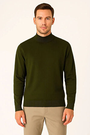 Erkek Yarım Boğaz Triko Kazak yumuşak dokulu Pamuklu ince Dokuma, uzun kollu Rahat Regular kalıp - Haki