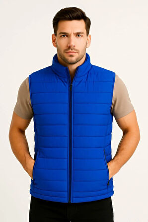 Erkek Şişme Fermuarlı Yelek Su itici Kapitone Astarlı Kumaş Cepli Hafif Kışlık Spor Rahat Kalıp - Saks Mavisi