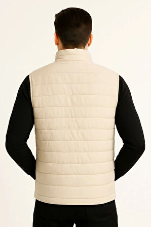 Erkek Şişme Fermuarlı Yelek Su itici Kapitone Astarlı Kumaş Cepli Hafif Kışlık Spor Rahat Kalıp -Bej