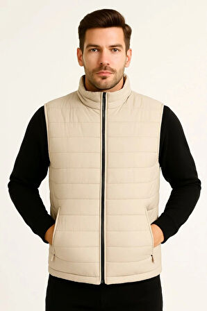 Erkek Şişme Fermuarlı Yelek Su itici Kapitone Astarlı Kumaş Cepli Hafif Kışlık Spor Rahat Kalıp -Bej