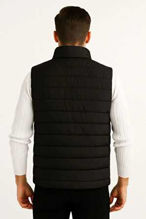 Erkek Şişme Fermuarlı Yelek Su itici Kapitone Astarlı Kumaş Cepli Hafif Kışlık Spor Rahat Kalıp - Siyah