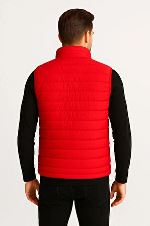 Erkek Şişme Fermuarlı Yelek Su itici Kapitone Astarlı Kumaş Cepli Hafif Kışlık Spor Rahat Kalıp - Kırmızı