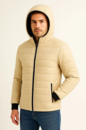 Erkek Şişme Kapüşonlu Fermuarlı Mont Su itici Kapitone Astarlı Kumaş Cepli Kışlık Rahat Kalıp - Bej