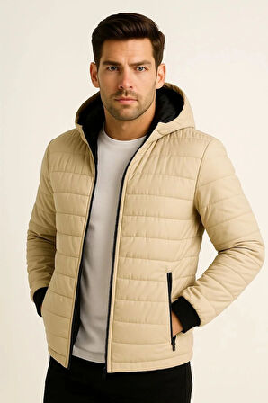 Erkek Şişme Kapüşonlu Fermuarlı Mont Su itici Kapitone Astarlı Kumaş Cepli Kışlık Rahat Kalıp - Bej