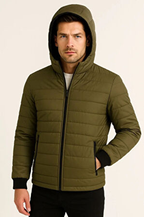 Erkek Şişme Kapüşonlu Fermuarlı Mont Su itici Kapitone Astarlı Kumaş Cepli Kışlık Rahat Kalıp - Haki