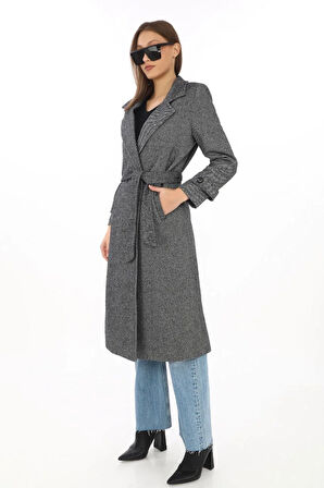 Kadın Balık Sırtı Kaşe Kaban – Uzun Boy Kruvaze Yaka Kuşaklı Astarlı Kışlık Tesettür Kaban, Yünlü Dokuma Kaşmir Kumaş, Cepli Rahat Oversize Kalıp Şık Modern Kaban Mont Modeli (Günlük ve Özel Gün Kombinlerine Uygun) - Füme