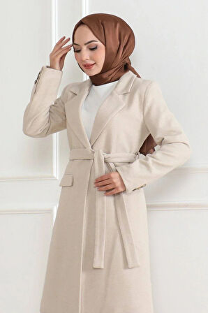 Kadın Kaşe Kaban – Uzun Boy Kruvaze Yaka, Kuşaklı Tesettür Kışlık Kaban, Astarlı Şık Yünlü Dokuma Oversize Rahat Kalıp, Cepli Modern Kaşe Mont Modeli - Bej