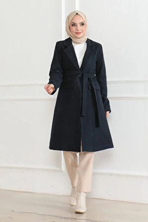 Kadın Kaşe Kaban – Uzun Boy Kruvaze Yaka, Kuşaklı Tesettür Kışlık Kaban, Astarlı Şık Yünlü Dokuma Oversize Rahat Kalıp, Cepli Modern Kaşe Mont Modeli - Lacivert