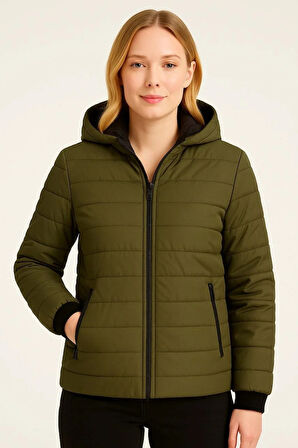 Kadın Şişme Kapüşonlu Fermuarlı Mont Su itici Kapitone Astarlı Kumaş Cepli Kışlık Rahat Kalıp - Haki