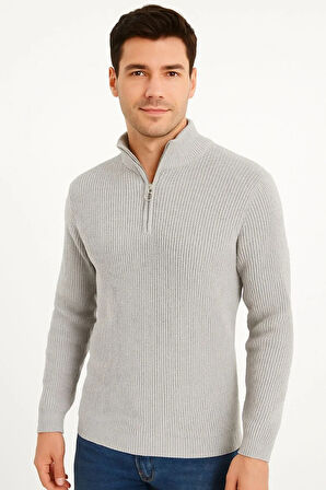 Erkek Yarım Fermuarlı Triko Kazak – Selanik Örgü, Dik Yaka, Pamuklu Dokuma, Regular Fit Uzun Kollu Kışlık Model - Gri