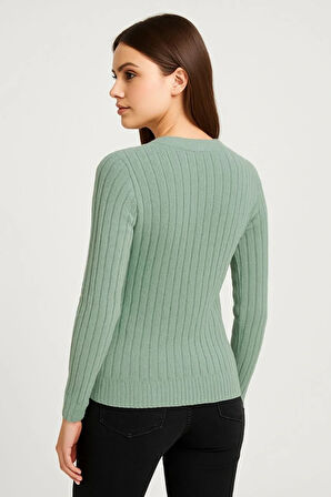 Erkek Bisiklet Yuvarlak Yaka Triko Kazak Pamuklu Kalın Fitilli Dokuma, Regular Fit Uzun Kollu Kışlık Model - Mint Yeşili