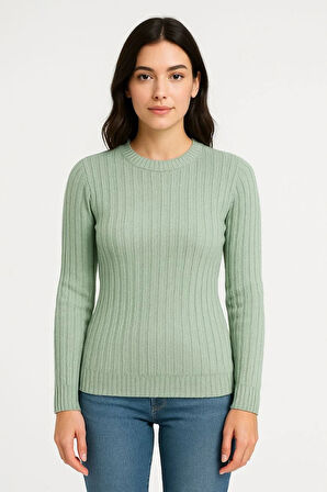 Erkek Bisiklet Yuvarlak Yaka Triko Kazak Pamuklu Kalın Fitilli Dokuma, Regular Fit Uzun Kollu Kışlık Model - Mint Yeşili