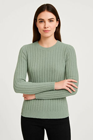 Erkek Bisiklet Yuvarlak Yaka Triko Kazak Pamuklu Kalın Fitilli Dokuma, Regular Fit Uzun Kollu Kışlık Model - Mint Yeşili