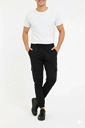 Erkek Siyah Jogger Eşofman Altı Rahat Kalıp, Kargo Cepli, Lastikli Paça, Günlük Spor Pantolon - Siyah