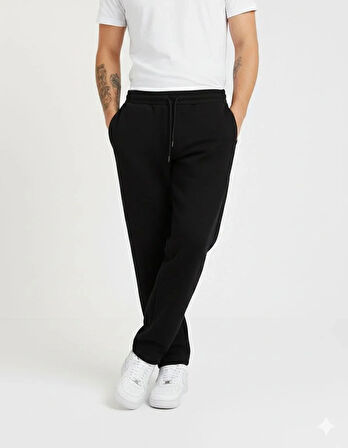 Erkek Üç iplik Kışlık Pamuklu Ovarsize Bağcıklı Düz Paça Cepli Eşofman Altı Spor Rahat Model - Siyah