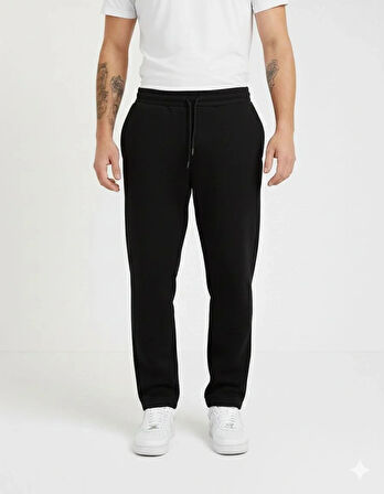 Erkek Üç iplik Kışlık Pamuklu Ovarsize Bağcıklı Düz Paça Cepli Eşofman Altı Spor Rahat Model - Siyah