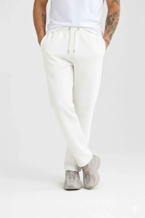 Erkek Üç iplik Kışlık Pamuklu Ovarsize Bağcıklı Düz Paça Cepli Eşofman Altı Spor Rahat Model - Beyaz