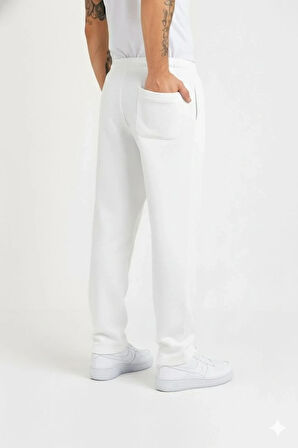 Erkek Üç iplik Kışlık Pamuklu Ovarsize Bağcıklı Düz Paça Cepli Eşofman Altı Spor Rahat Model - Beyaz