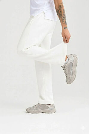 Erkek Üç iplik Kışlık Pamuklu Ovarsize Bağcıklı Düz Paça Cepli Eşofman Altı Spor Rahat Model - Beyaz