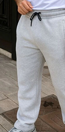 Erkek Üç iplik Kışlık Pamuklu Ovarsize Bağcıklı Düz Paça Cepli Eşofman Altı Spor Rahat Model - Gri