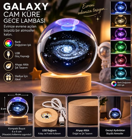 Galaxy Cam Küre Gece Lambası USB’li Renk Değiştiren Ahşap Altlıklı Dekoratif Masa Lambası 6 cm