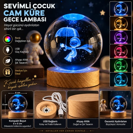 Şemsiyeli Çocuk Tasarımlı Cam Küre Gece Lambası USB’li Ahşap Altlıklı Dekoratif Lamba 6 cm