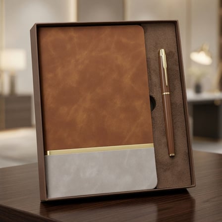Kişiye Özel Kutulu Altın Şeritli Deri Defter Ve Kahverengi Metal Roller Kalem Set