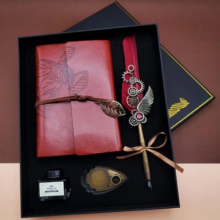 Divit Hokka Defter ve Tüylü Kalem Seti – Nostaljik Mürekkepli Yazı Seti Hediye Kutulu
