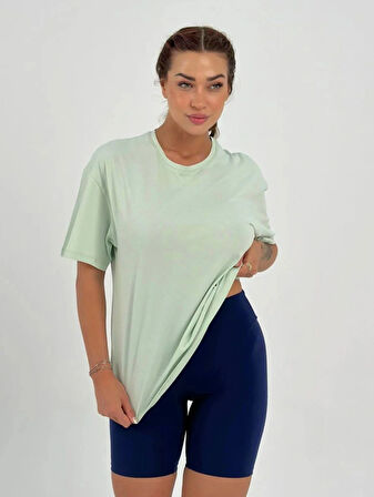 Maison La Femme Kadın Su Yeşil Baskısız Basic Pamuklu Oversize T-shirt