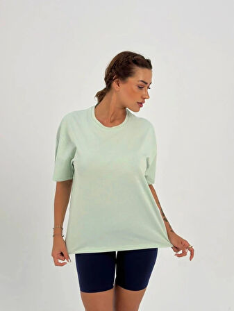 Maison La Femme Kadın Su Yeşil Baskısız Basic Pamuklu Oversize T-shirt