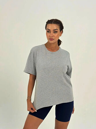 Maison La Femme Kadın Koyu Gri Baskısız Basıc Pamuklu Oversize T-shirt