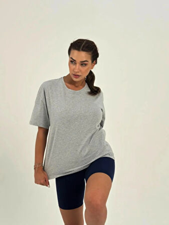 Maison La Femme Kadın Koyu Gri Baskısız Basıc Pamuklu Oversize T-shirt