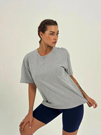 Maison La Femme Kadın Koyu Gri Baskısız Basıc Pamuklu Oversize T-shirt