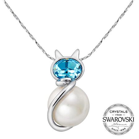 Monemel Mavi Swarovski Taşlı İncili Kedi Kolye