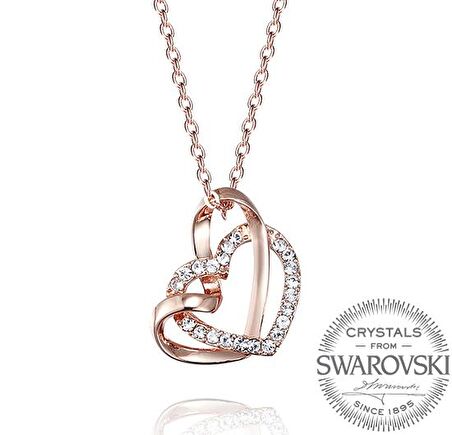 Monemel Swarovski Taşlı Çift Kalp Rose Gold Kolye (Altın Kaplama)