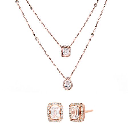 Monemel Swarovski Taşlı Rose Gold Gümüş Baget Çiftli Kolye ve Küpe Set (Altın Kaplama)