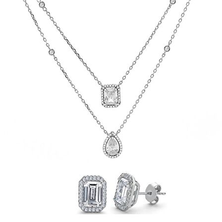 Monemel Swarovski Taşlı Gümüş Baget Çiftli Kolye ve Küpe Set (Altın Kaplama)