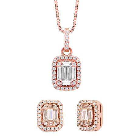 Monemel Swarovski Taşlı Rose Gold Gümüş Baget Kolye Ve Küpe Set (Altın Kaplama)